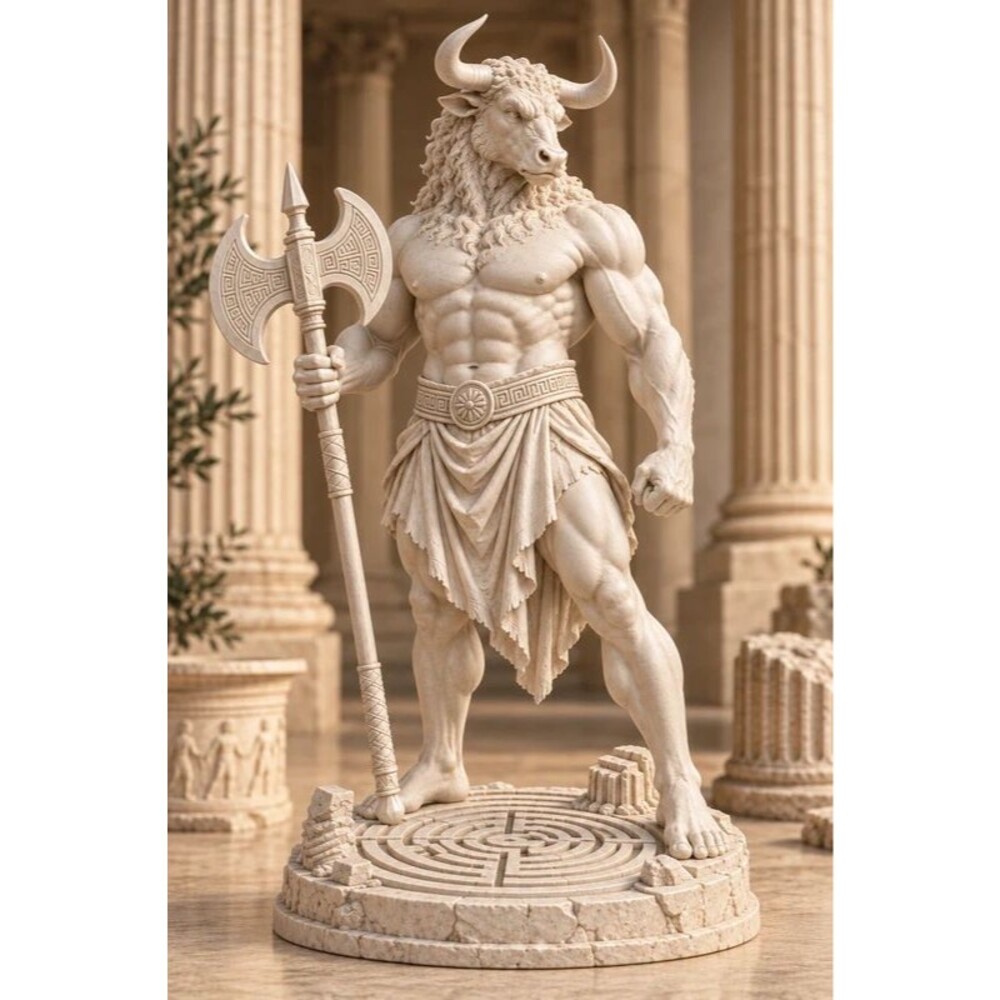 Minotaur Statue with Battle Axe  Resin Greek Sculpture, Fantasy 7 In